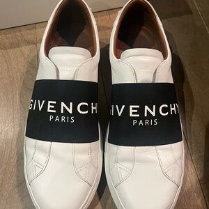 Authentic Givenchy White Leather Slip-On Sneakers with Black Logo Band